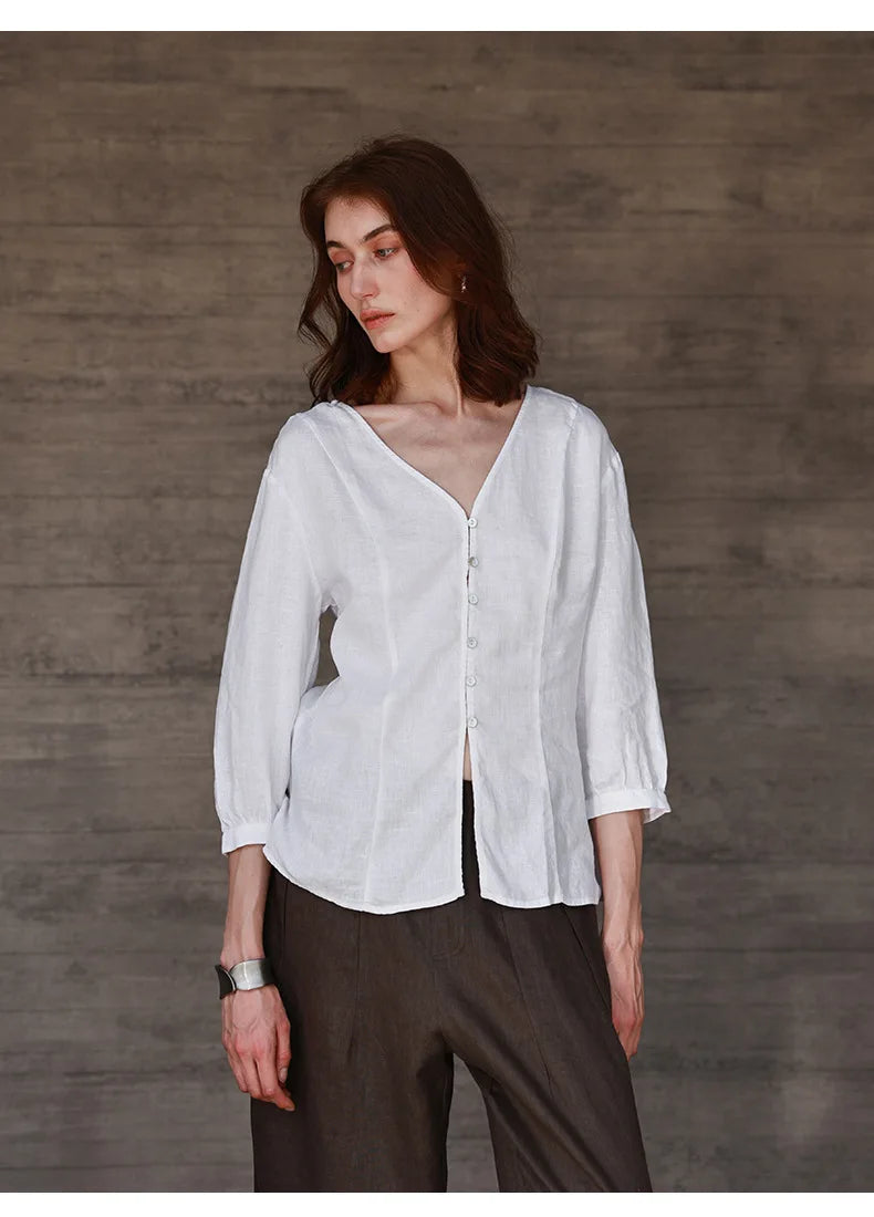Women's Linen V-Neck Shirt – Premium White Retro Three-Quarter Sleeve Top