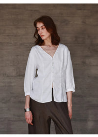 Women's Linen V-Neck Shirt – Premium White Retro Three-Quarter Sleeve Top