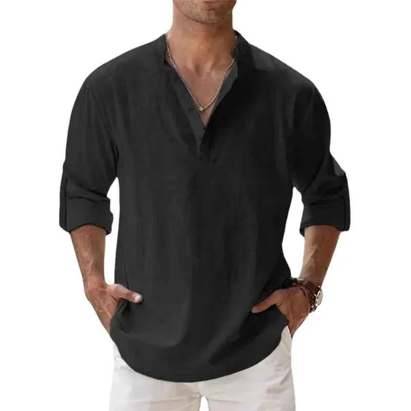 Men's Cotton Linen Henley Shirt – Lightweight Long Sleeve Beach Hawaiian Streetwear Top