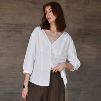 Women's Linen V-Neck Shirt – Premium White Retro Three-Quarter Sleeve Top
