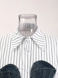 Women's Striped Denim Spliced Blouse – Elegant Lapel Long Sleeve Shirt 2026