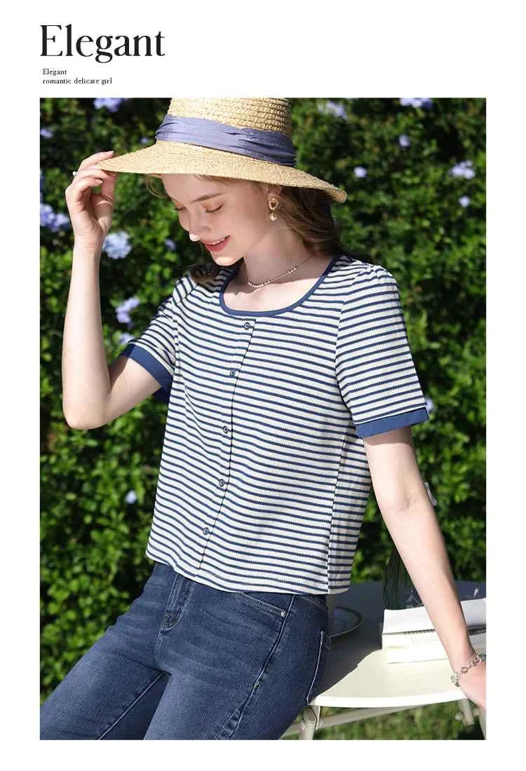 I BELIEVE YOU Women's Striped Slim Knit Top – Casual Retro Summer Round Neck Tee