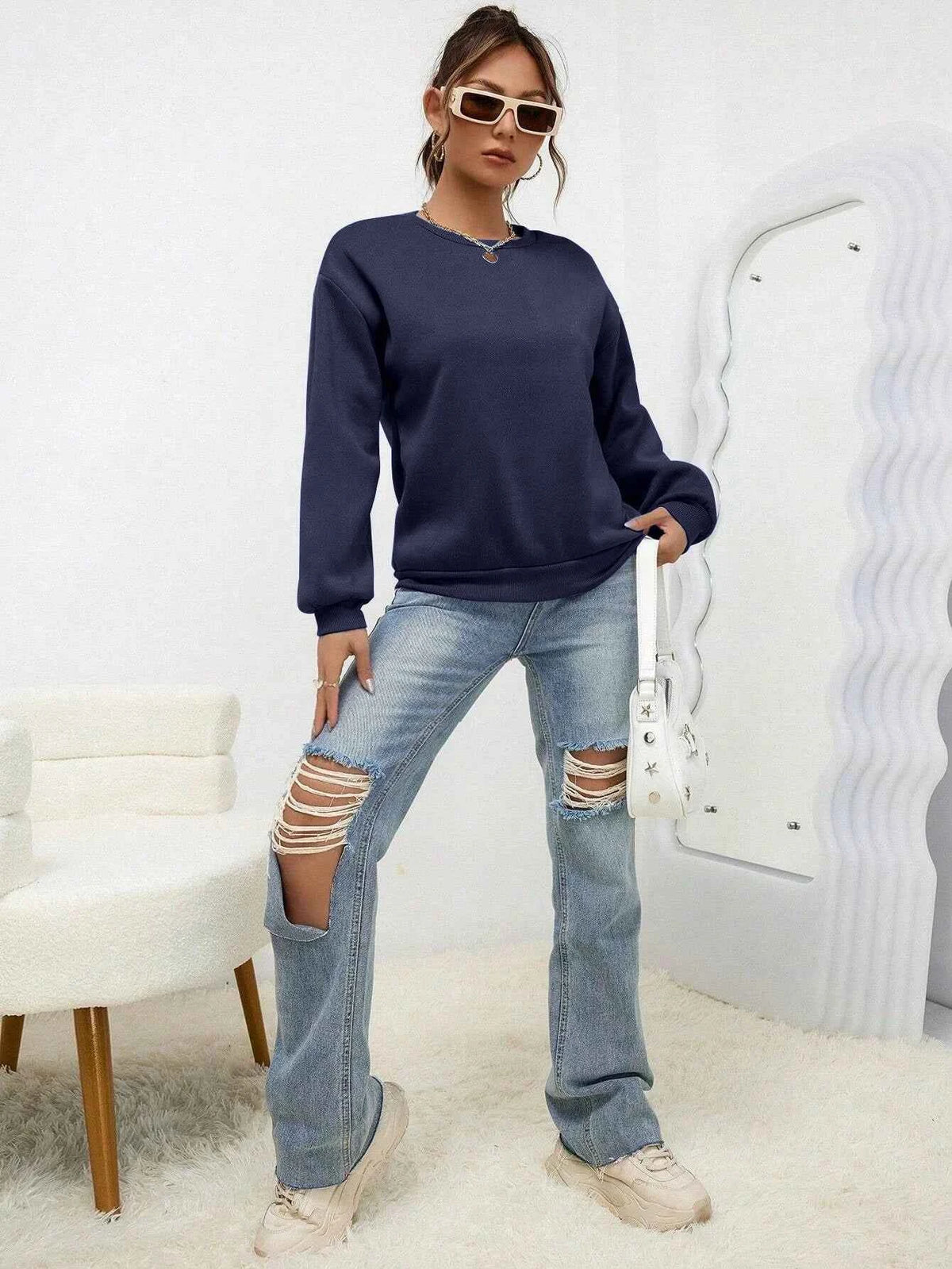 Women's Casual Solid Color Sweatshirt – Loose Fit Crewneck Fashion Pullover