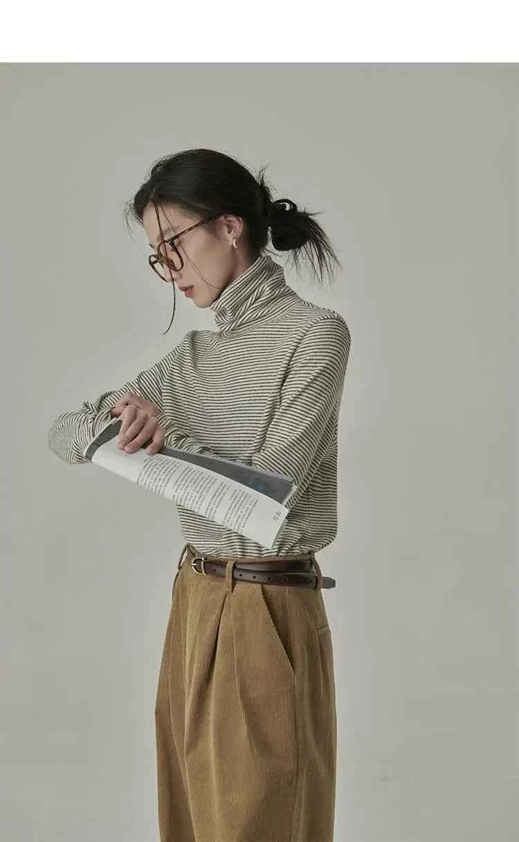 Women's Striped Long Sleeve Turtleneck T-Shirt – Cozy Elegant Korean Style Casual Spring T-Shirt