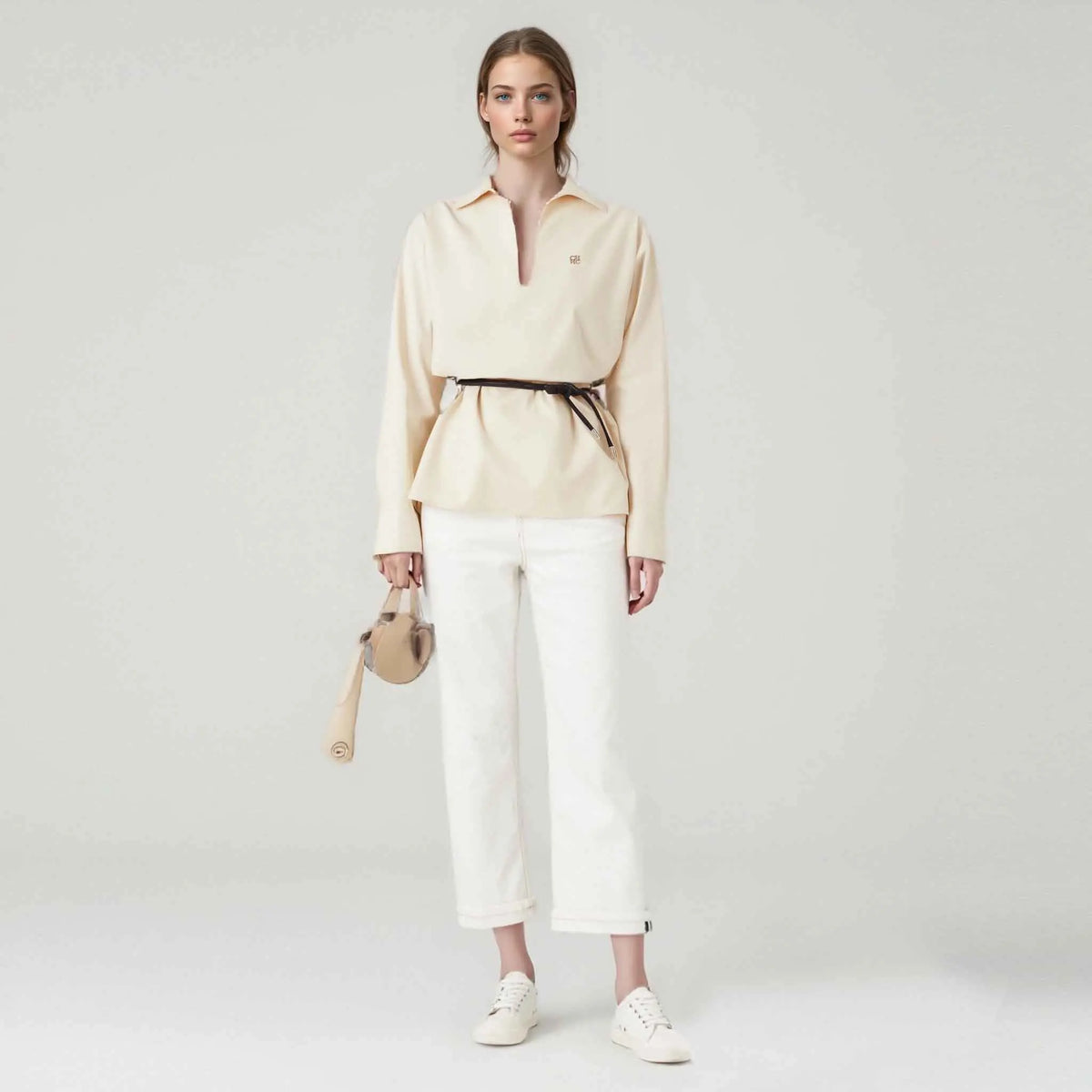 Women's Embroidered V-Neck Office Shirt – Elegant Belted Long Sleeve Office Top