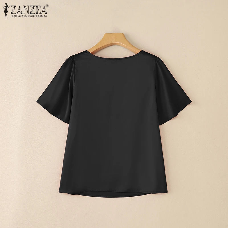 Women's Satin Office Blouse – Elegant Short Sleeve O-Neck Work Top 2025