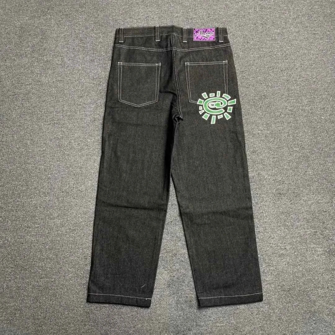 Men's Printed Embroidered Straight Jeans – Trendy Black Streetwear Denim Pants