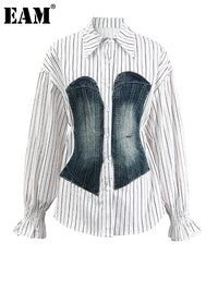 Women's Striped Denim Spliced Blouse – Elegant Lapel Long Sleeve Shirt 2026