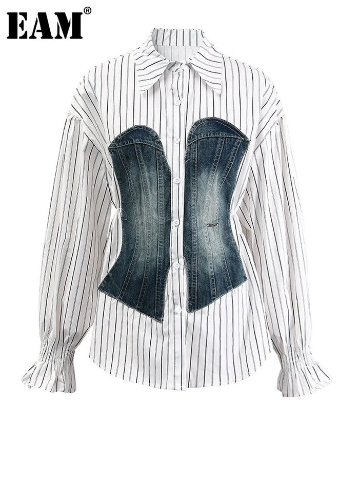 Women's Striped Denim Spliced Blouse – Elegant Lapel Long Sleeve Shirt 2026
