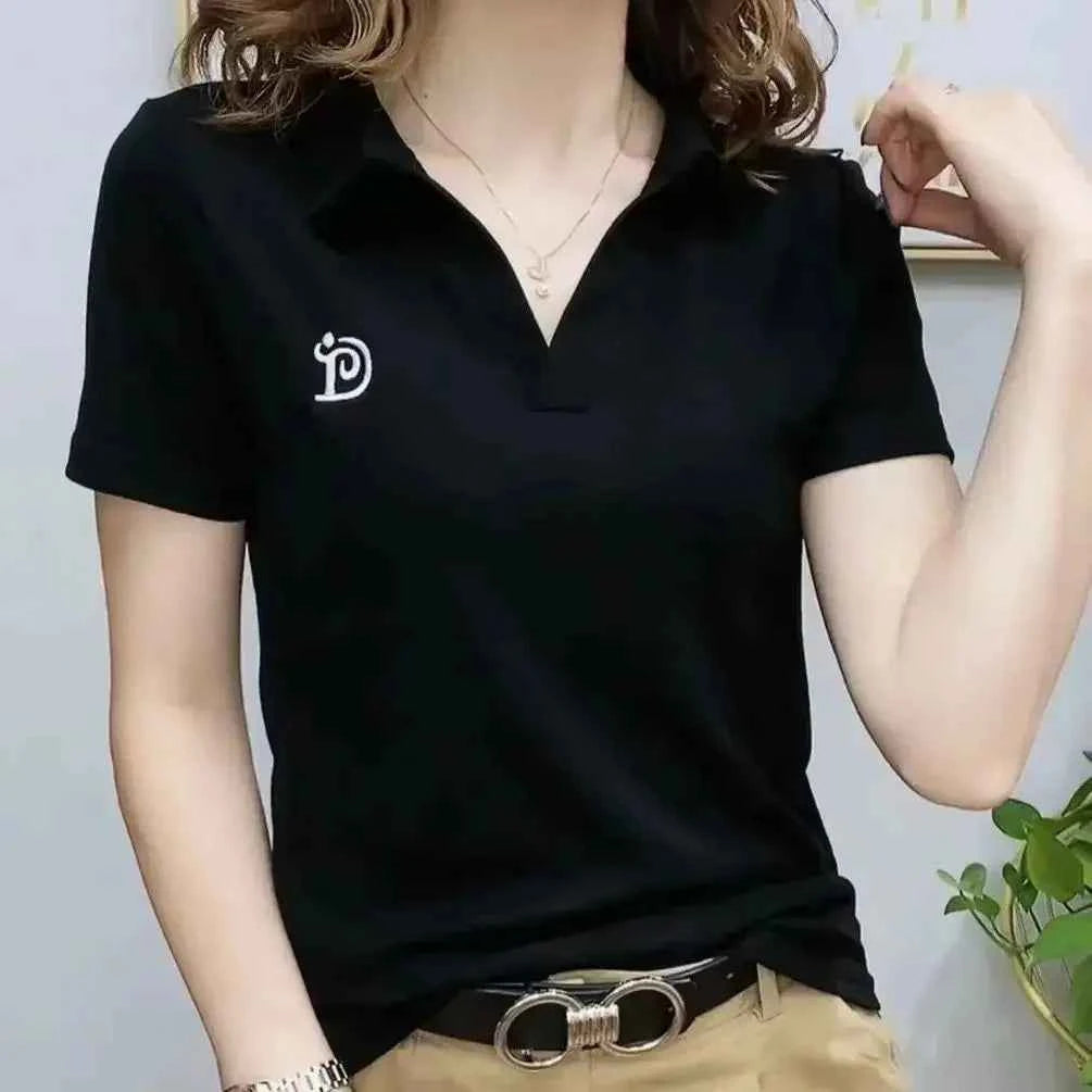 Women's embroidered polo t-shirt – Slim Fit Elegant Korean Summer Graphic Tee 2025
