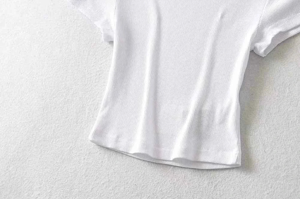Summer Sexy Women O-neck Short-sleeve T-shirt Solid Color Basic Slim Elastic Skinny Crop Tops