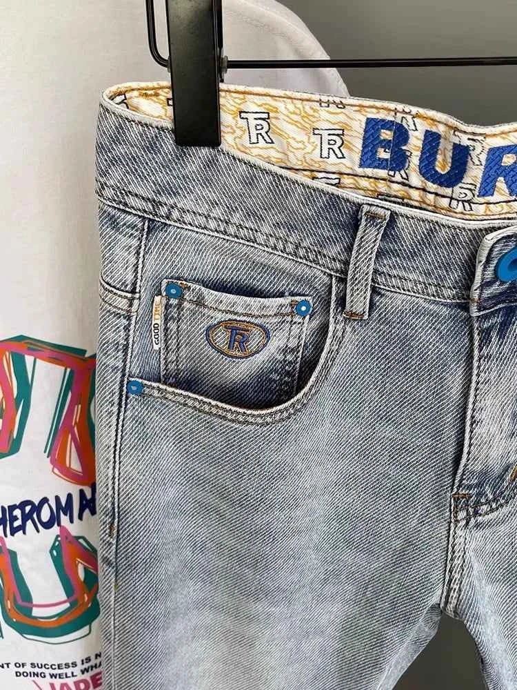Men's Light Blue Embroidered Jeans – Slim Fit Vintage Washed Casual Pants