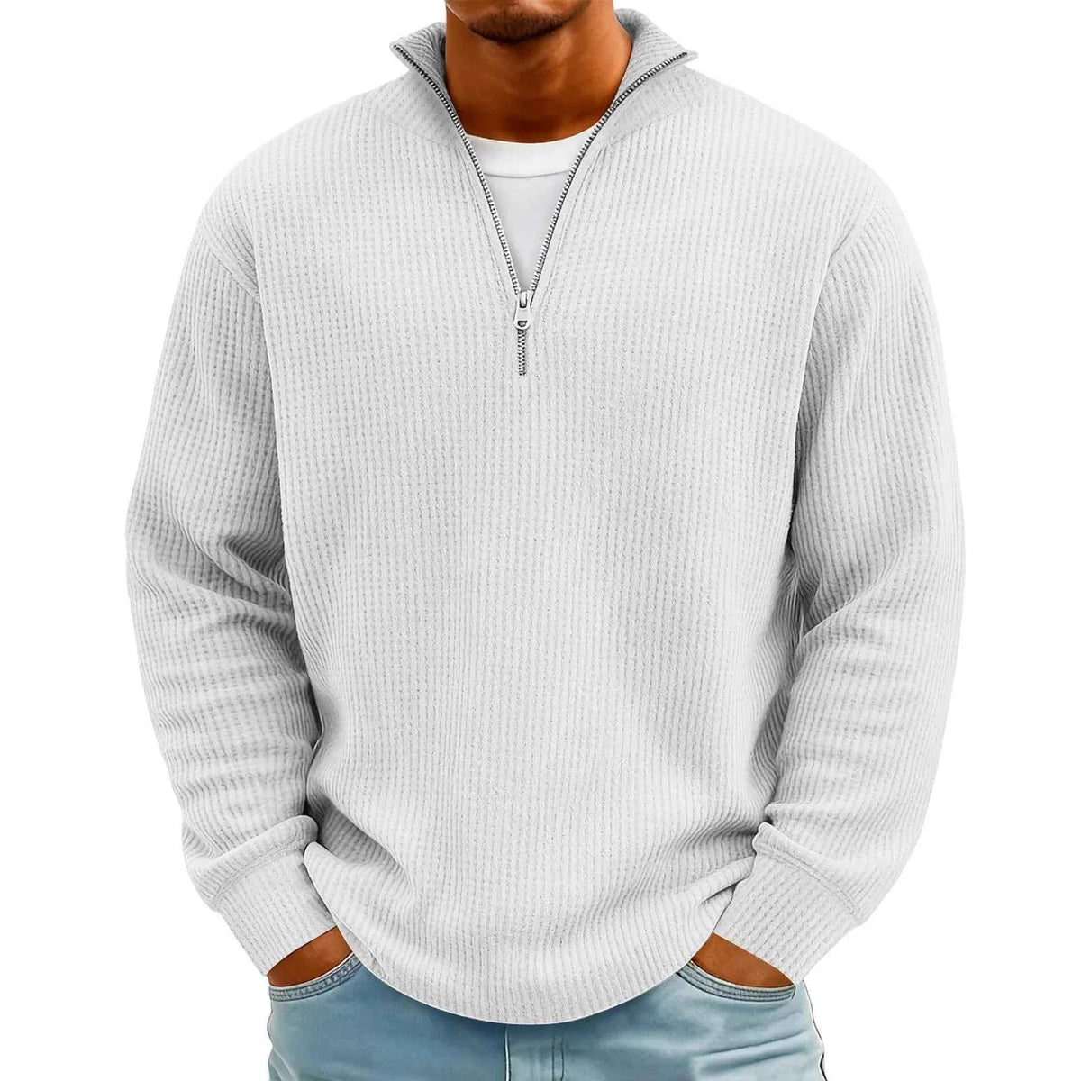 Men's Waffle Long Sleeve Polo T-Shirt – Casual Loose Fit Zipper Collar Sweatshirt