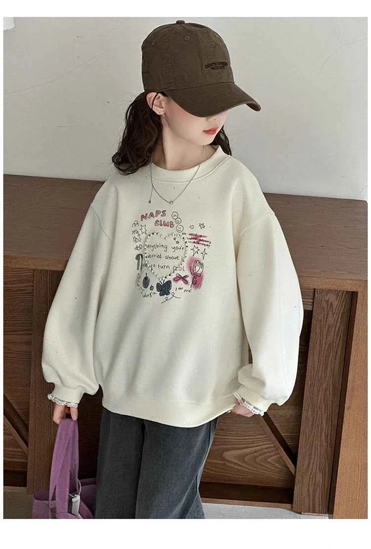 Girls Heart Pearl Sweatshirt – Kids Long Sleeve Casual Fashion Hoodie