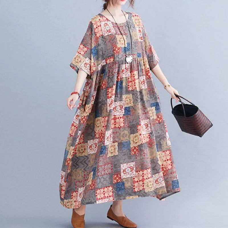 Women's Plus Size Bohemian Maxi Dress – Geometric Pattern Dress with Pockets