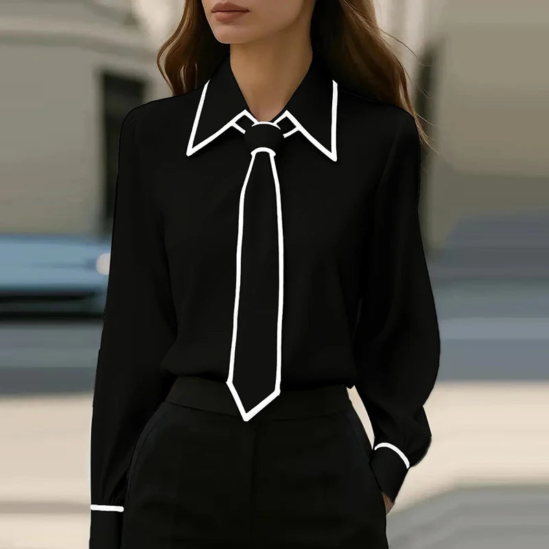 Women's Satin Long Sleeve Office Blouse – Elegant Solid Color Office Pullover