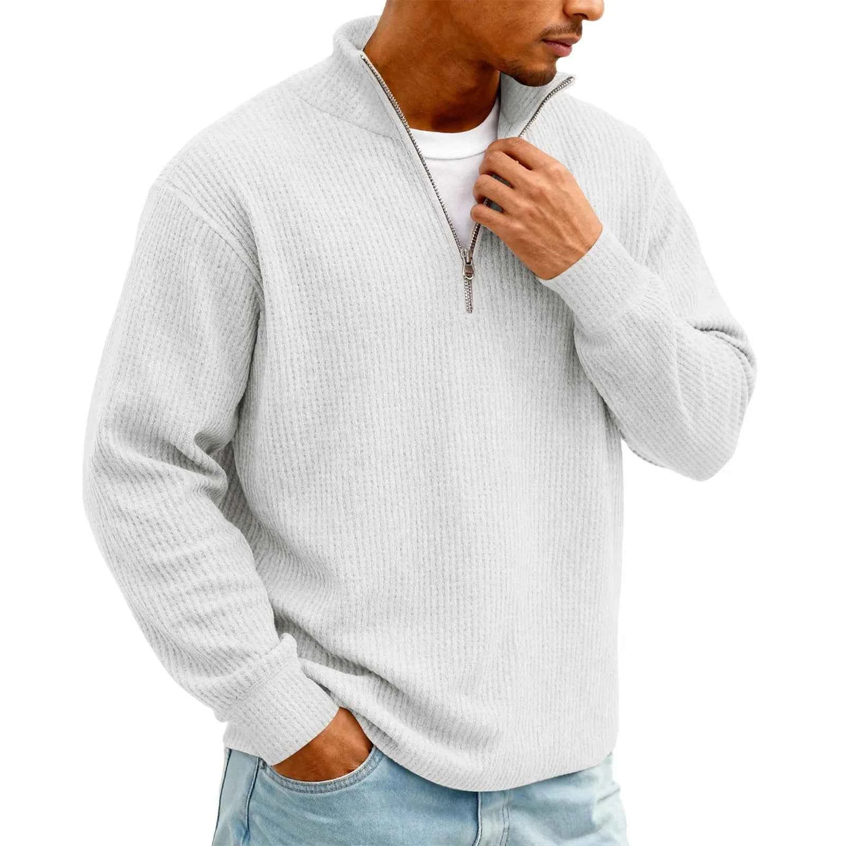 Men's Waffle Long Sleeve Polo T-Shirt – Casual Loose Fit Zipper Collar Sweatshirt