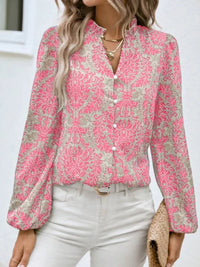 Women's Printed Lantern Sleeve V-Neck Shirt – V-Neck Embellished Button-Up Top
