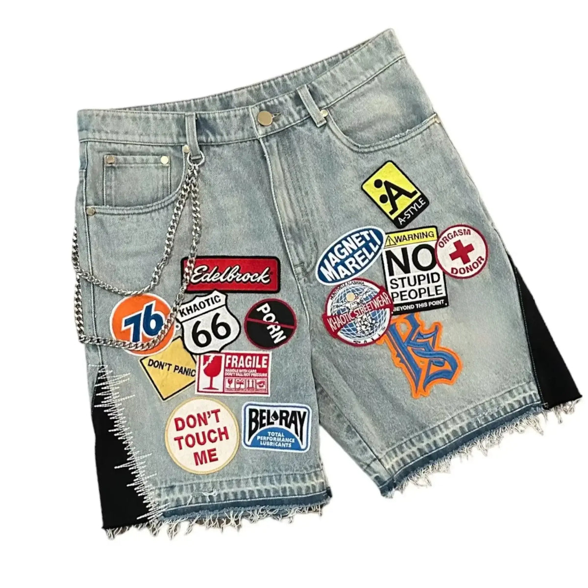 Harajuku style loose denim shorts with gothic pockets and cartoon design