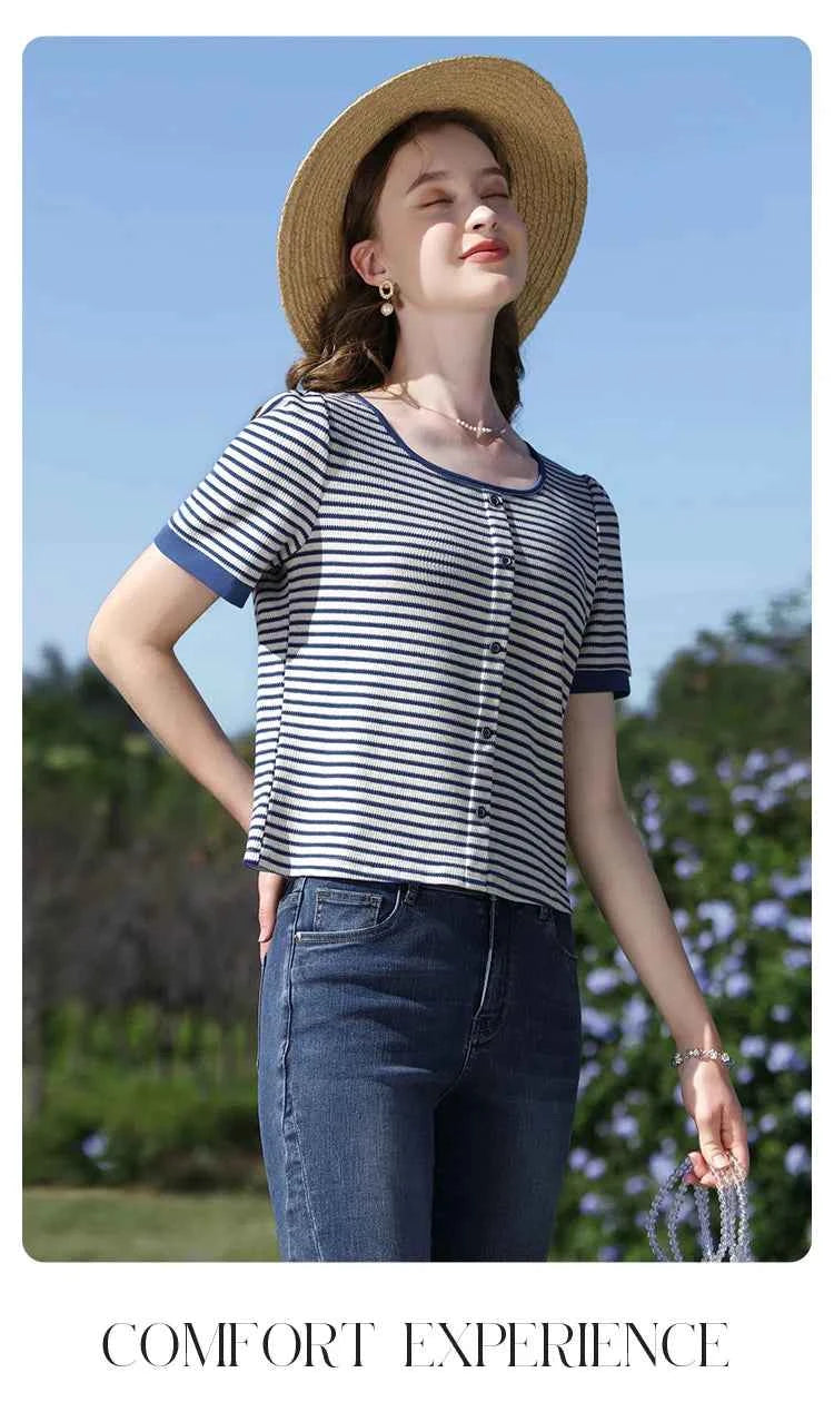 I BELIEVE YOU Women's Striped Slim Knit Top – Casual Retro Summer Round Neck Tee