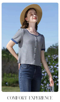 I BELIEVE YOU Women's Striped Slim Knit Top – Casual Retro Summer Round Neck Tee
