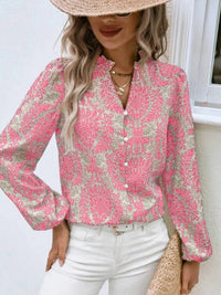 Women's Printed Lantern Sleeve V-Neck Shirt – V-Neck Embellished Button-Up Top
