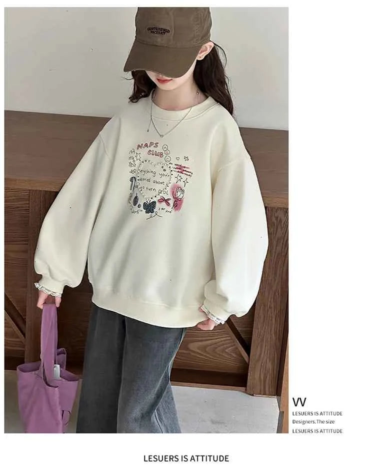Girls Heart Pearl Sweatshirt – Kids Long Sleeve Casual Fashion Hoodie
