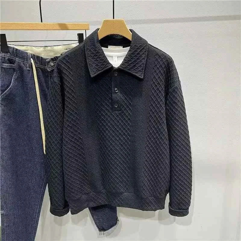 Men's Loose Knitted Polo Sweatshirt – Long Sleeve Early Autumn Casual Pullover