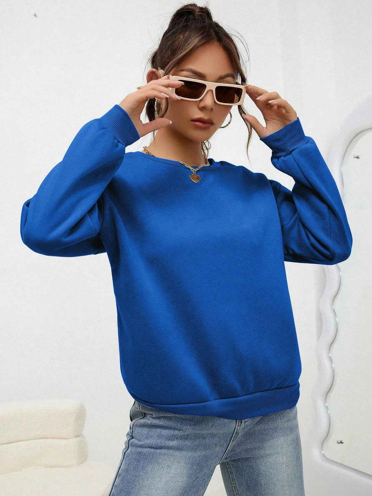 Women's Casual Solid Color Sweatshirt – Loose Fit Crewneck Fashion Pullover
