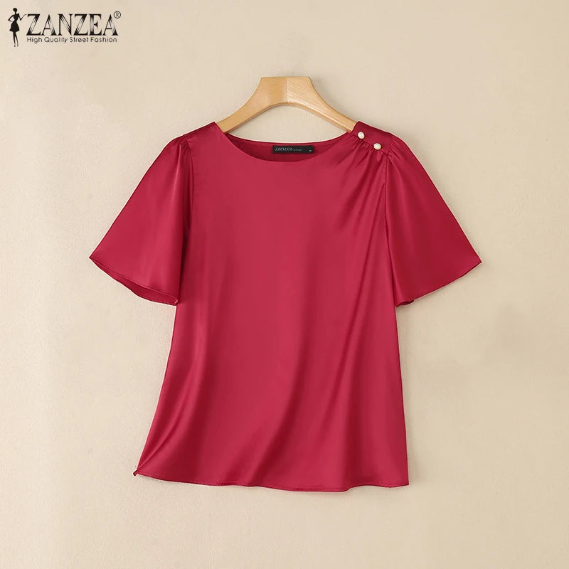 Women's Satin Office Blouse – Elegant Short Sleeve O-Neck Work Top 2025