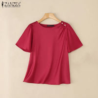 Women's Satin Office Blouse – Elegant Short Sleeve O-Neck Work Top 2025