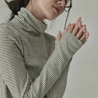 Women's Striped Long Sleeve Turtleneck T-Shirt – Cozy Elegant Korean Style Casual Spring T-Shirt