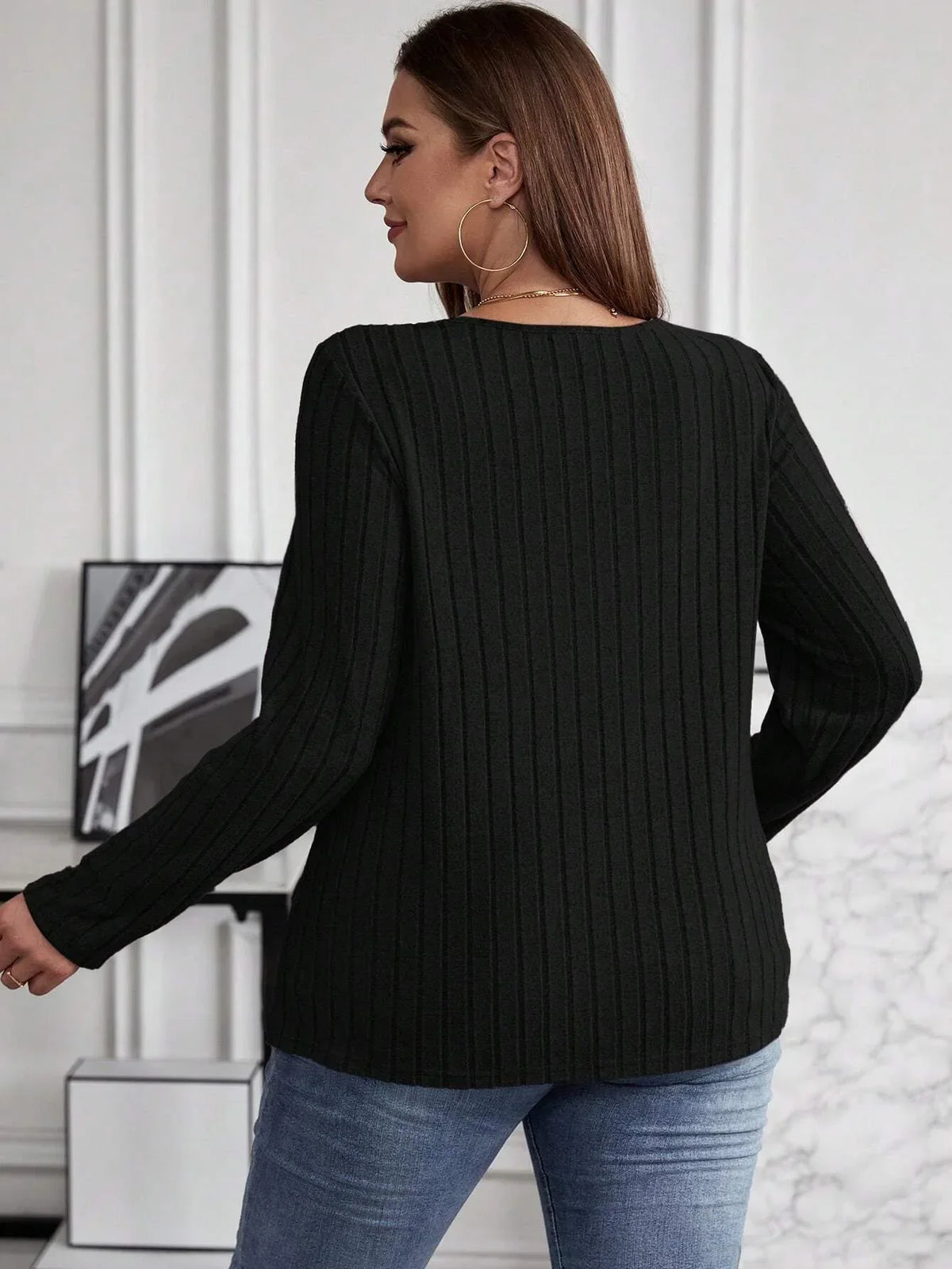 Women's Plus Size V-Neck Sweater – Solid Color Long Sleeve Pullover Top