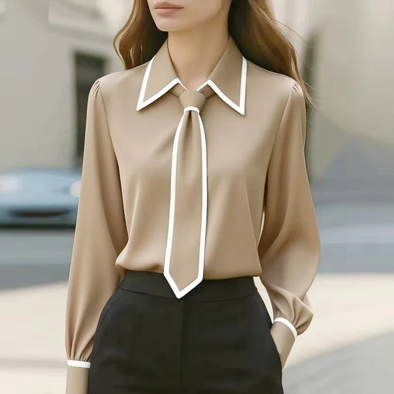 Women's Satin Long Sleeve Office Blouse – Elegant Solid Color Office Pullover