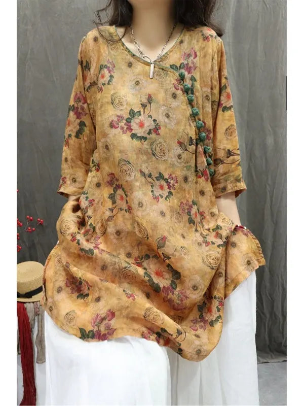 Women's Artistic Retro Print Dress Shirt – Casual Loose Mid-Length V-Neck Top