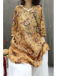 Women's Artistic Retro Print Dress Shirt – Casual Loose Mid-Length V-Neck Top