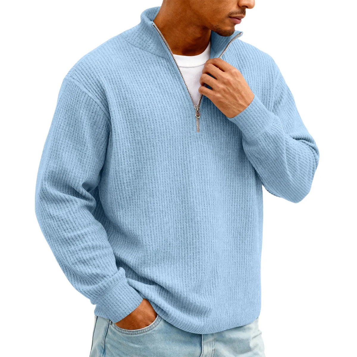Men's Waffle Long Sleeve Polo T-Shirt – Casual Loose Fit Zipper Collar Sweatshirt