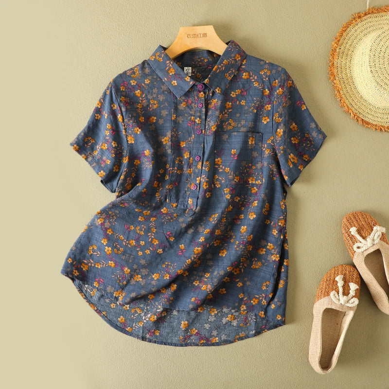 Women's Vintage Floral Print Blouse – Loose Short Sleeve Casual Summer Top