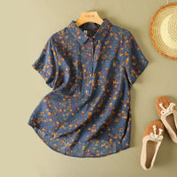 Women's Vintage Floral Print Blouse – Loose Short Sleeve Casual Summer Top