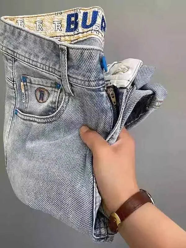 Men's Light Blue Embroidered Jeans – Slim Fit Vintage Washed Casual Pants