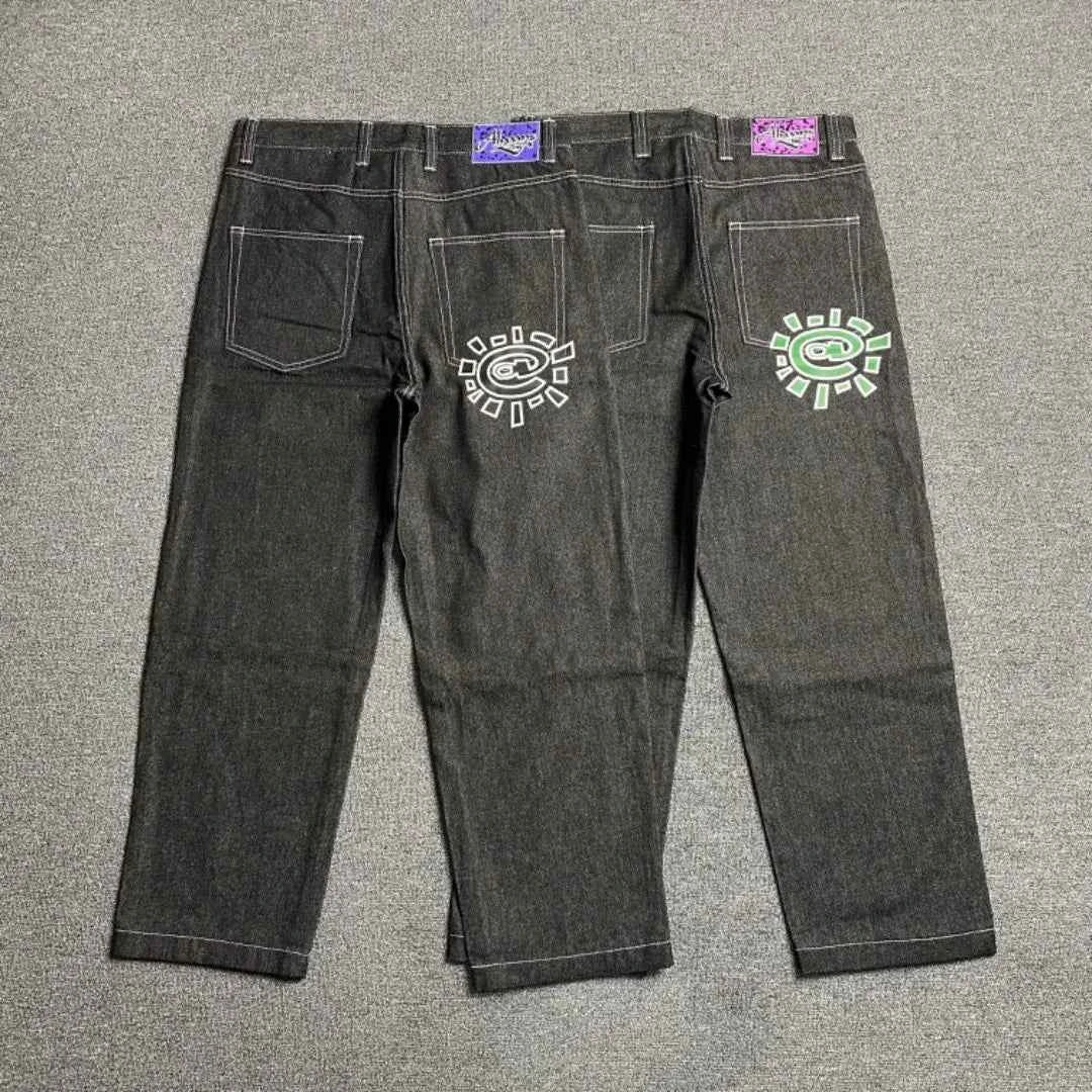Men's Printed Embroidered Straight Jeans – Trendy Black Streetwear Denim Pants