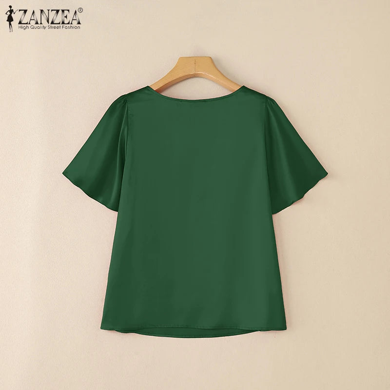 Women's Satin Office Blouse – Elegant Short Sleeve O-Neck Work Top 2025