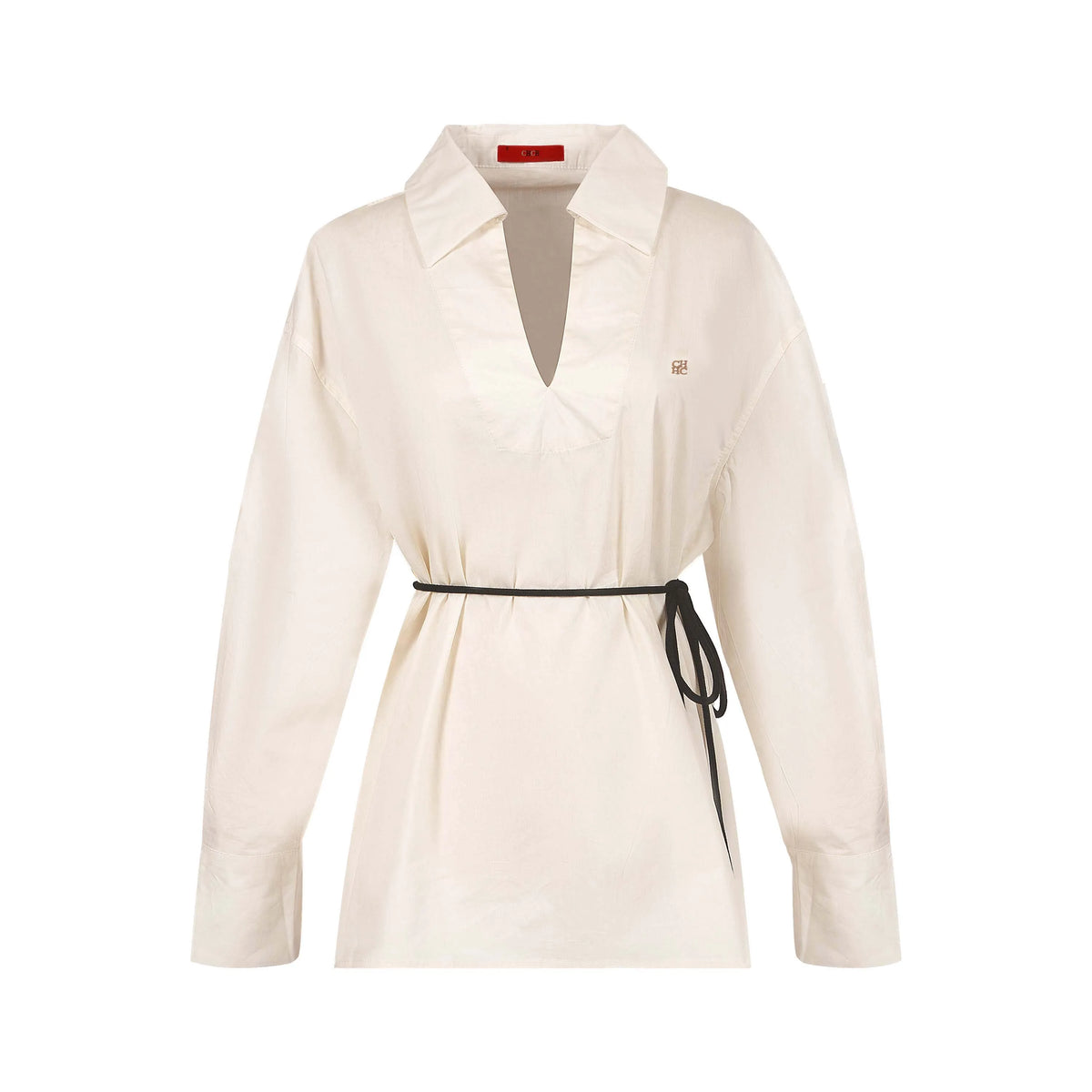 Women's Embroidered V-Neck Office Shirt – Elegant Belted Long Sleeve Office Top