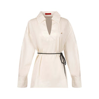 Women's Embroidered V-Neck Office Shirt – Elegant Belted Long Sleeve Office Top