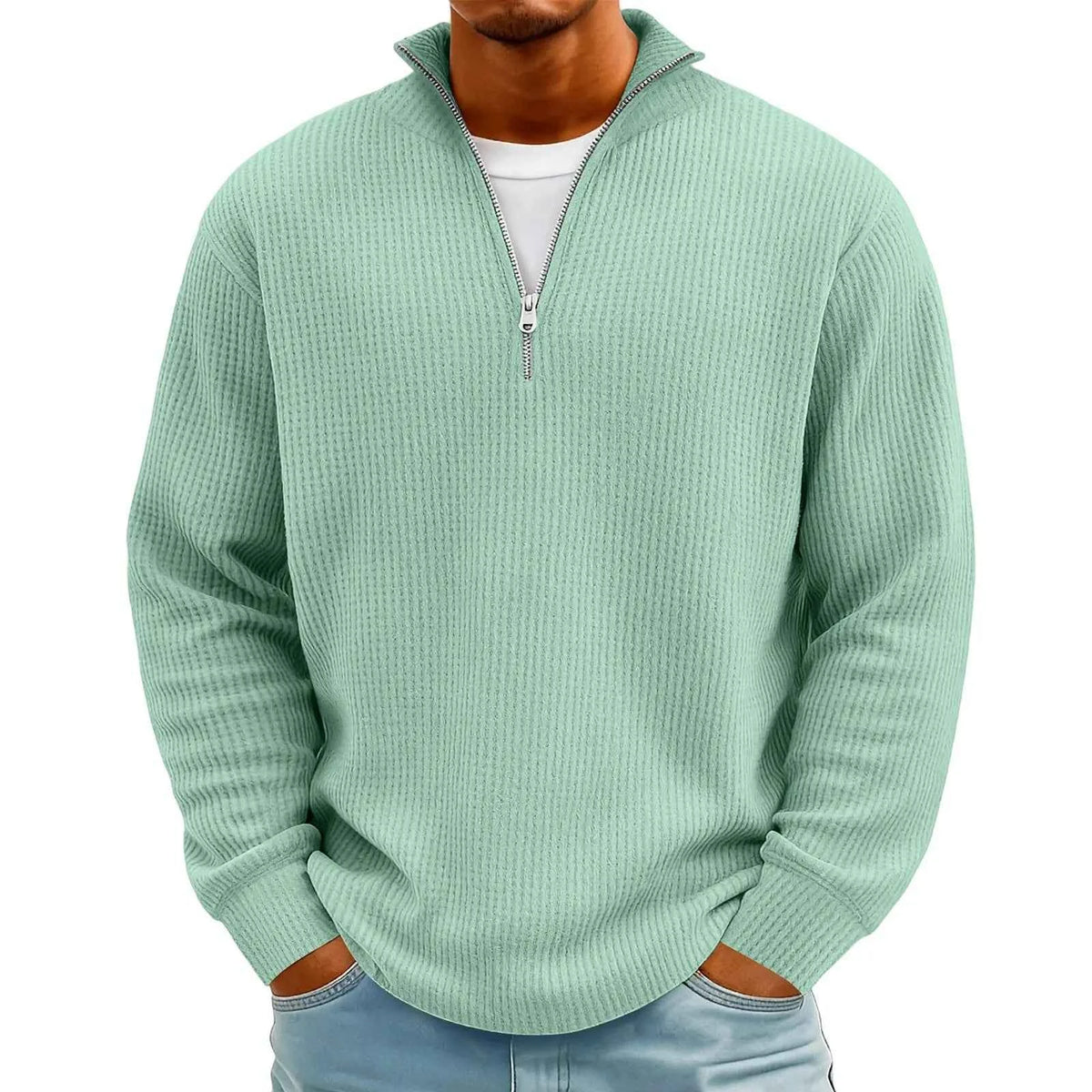 Men's Waffle Long Sleeve Polo T-Shirt – Casual Loose Fit Zipper Collar Sweatshirt