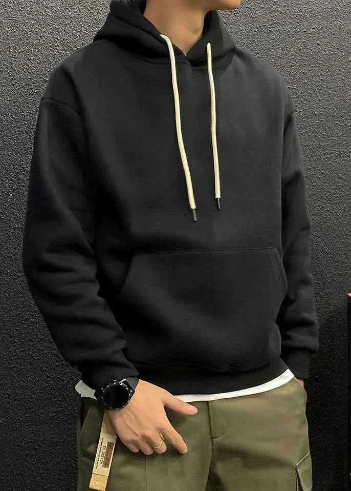 Men's Green Fleece Hooded Sweatshirt – Solid Color Casual Pullover Hoodie