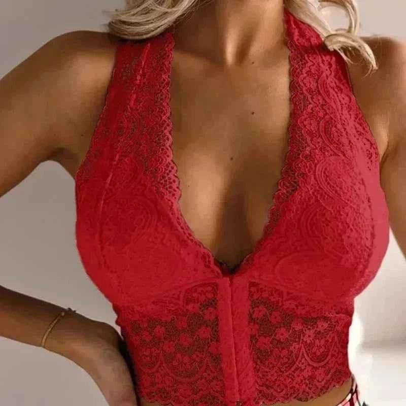 Women's Plus Size Lace Crop Top – Deep V-Neck Embroidery Y2K Summer Top