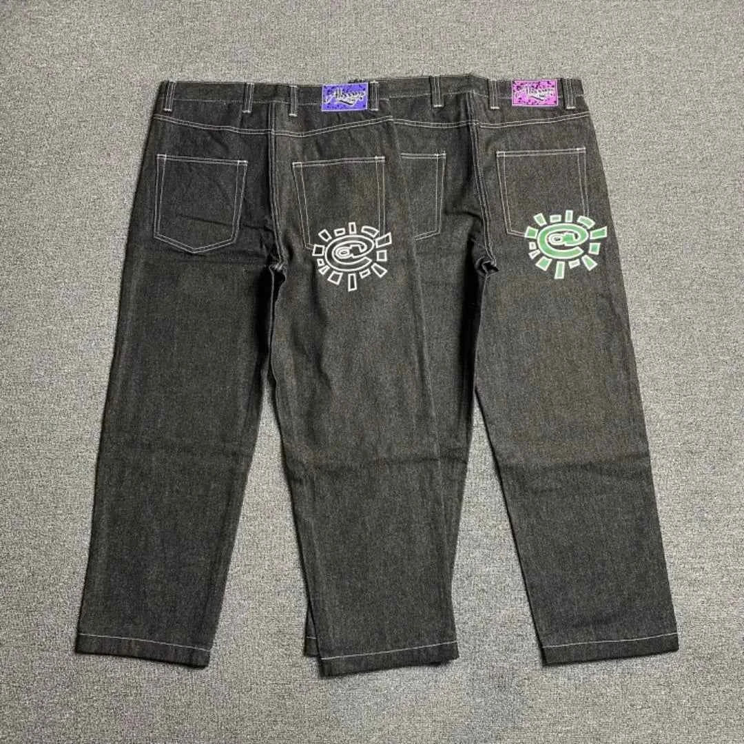 Men's Printed Embroidered Straight Jeans – Trendy Black Streetwear Denim Pants