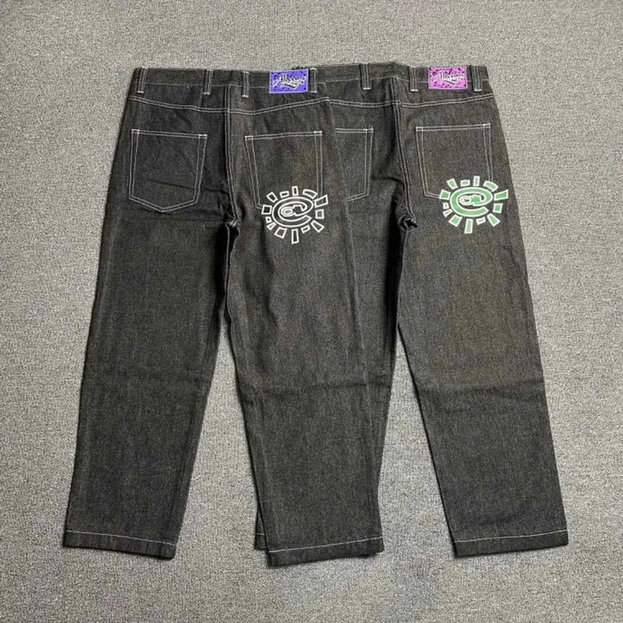 Men's Printed Embroidered Straight Jeans – Trendy Black Streetwear Denim Pants