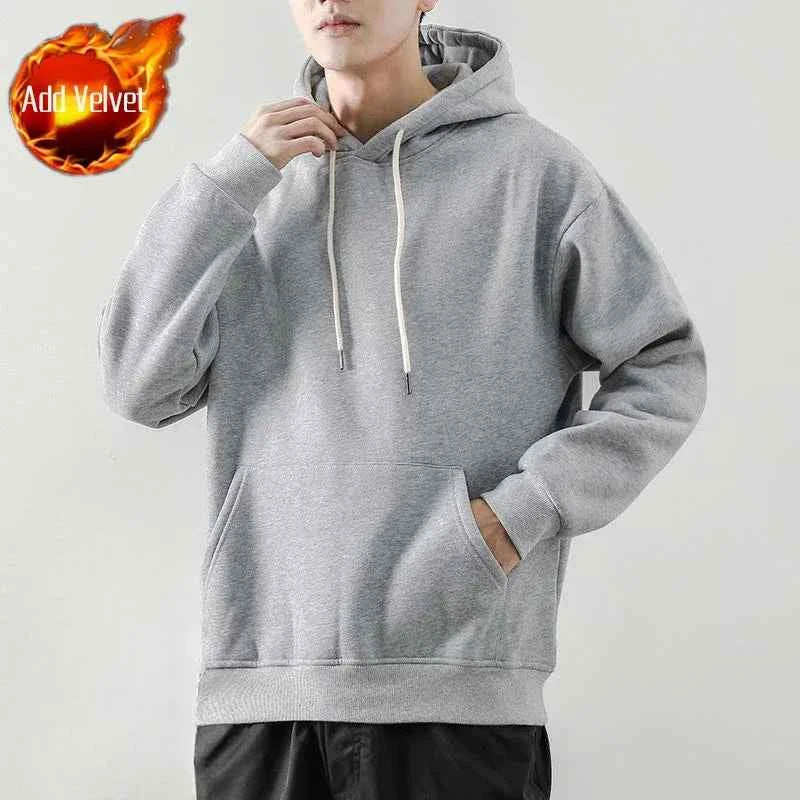 Men's Green Fleece Hooded Sweatshirt – Solid Color Casual Pullover Hoodie